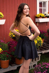 Black Homecoming Dress A Line Backless Halter Short Prom Dress with Lace